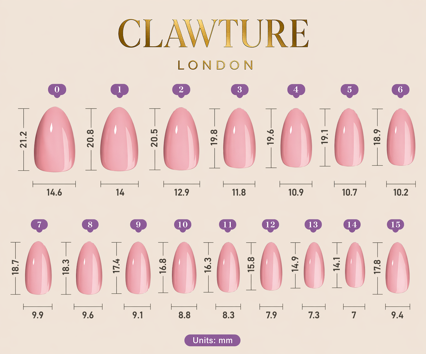 Measurement chart for pink nail extensions by Clawture London, showing size measurements in millimeters.