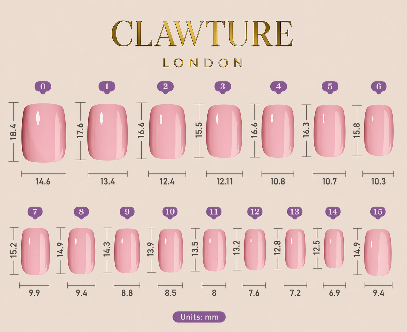 Nail polish color swatch chart by Clawture London with pink shades and measurements.