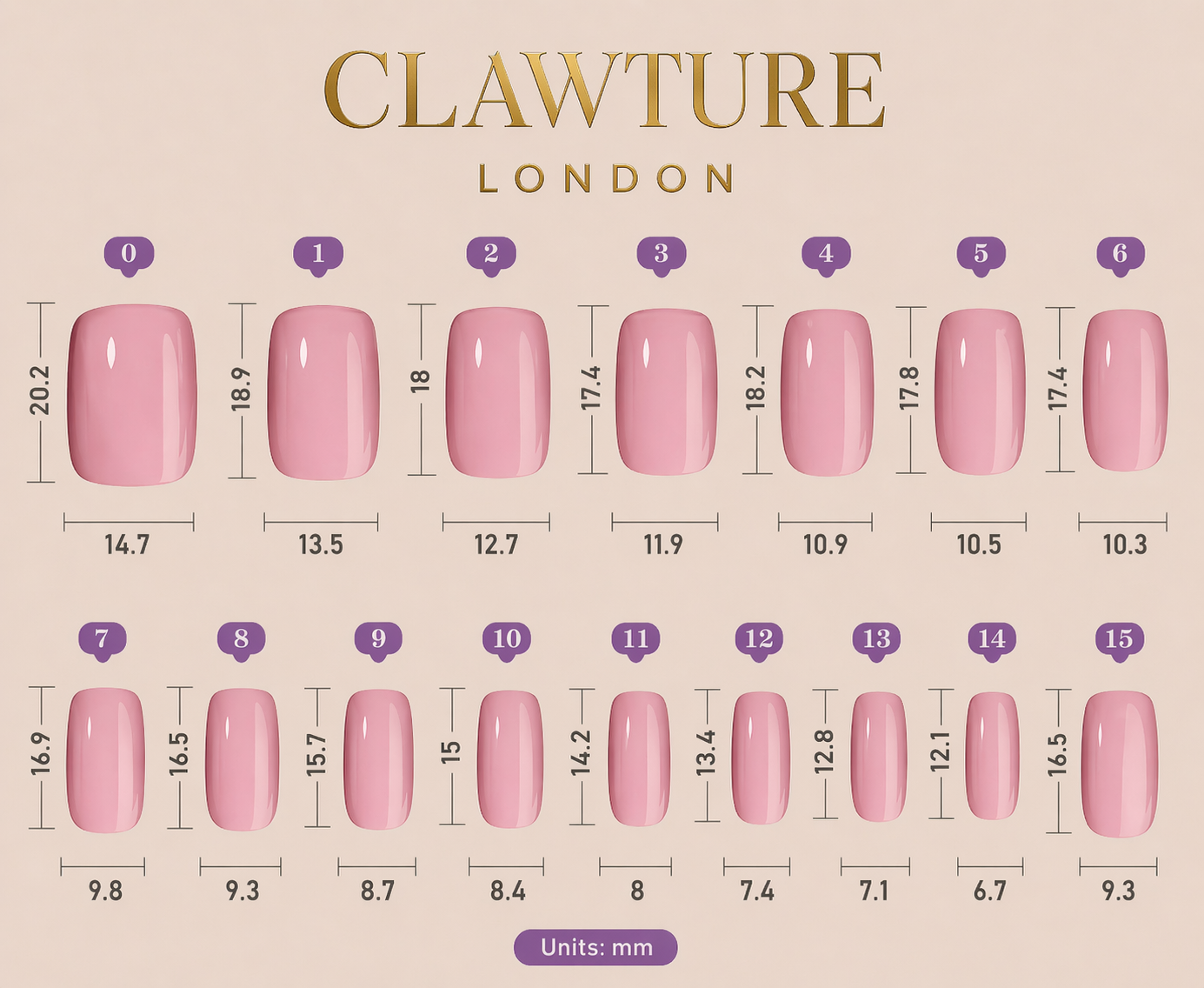 Nail length chart by Clawture London with pink nail samples and measurements. Press on nails