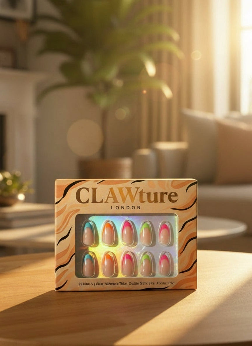 Box of CLAWture London Paris Pop press on false nails set on a wooden surface with a blurred indoor background