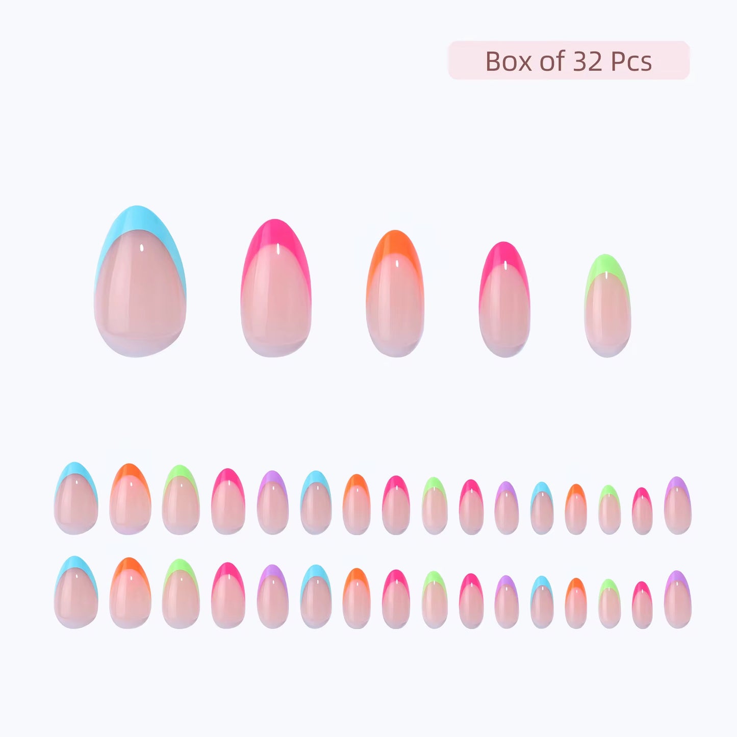 Set of colorful Clawture Paris Pop press on nails french tips with a box labeled 'Box of 32 Pcs' on a white background.