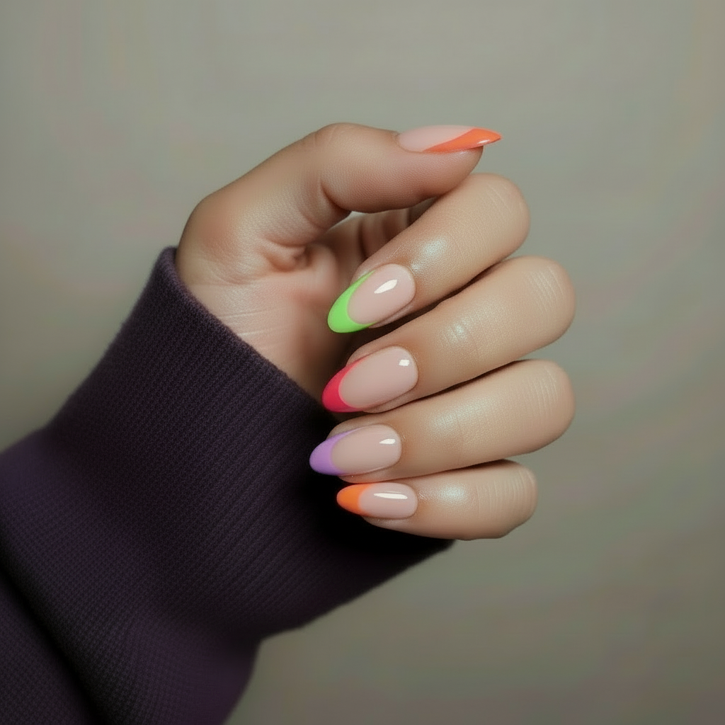 Hand with colorful French tip Clawture Paris Pop press on nails on a neutral background