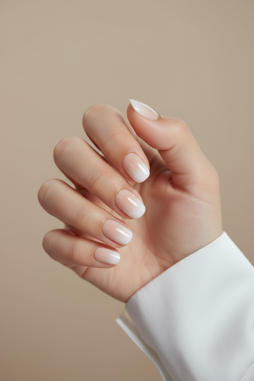 Hand with petaline light pink and white clawture press on nails on a beige background