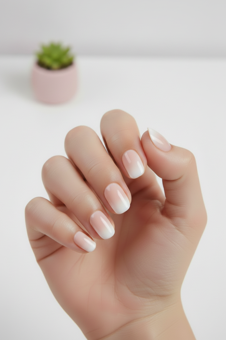 Hand with clawture light pink press on petaline nails on a white background