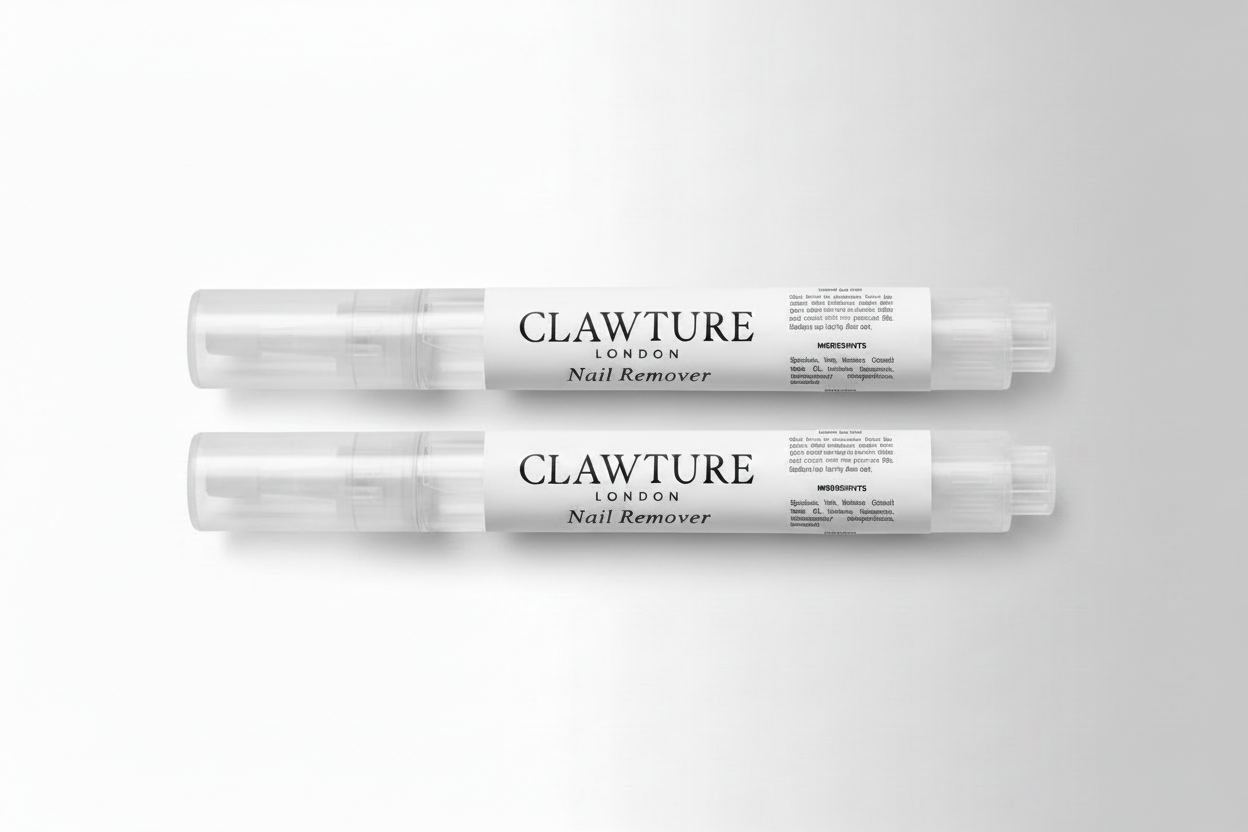 Two Clawture nail remover bottles on a light background