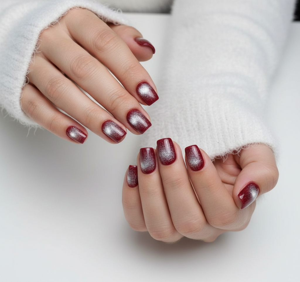 Close-up of hands with red holografic cat eye amor clawture press on nails and silver glitter on a white background