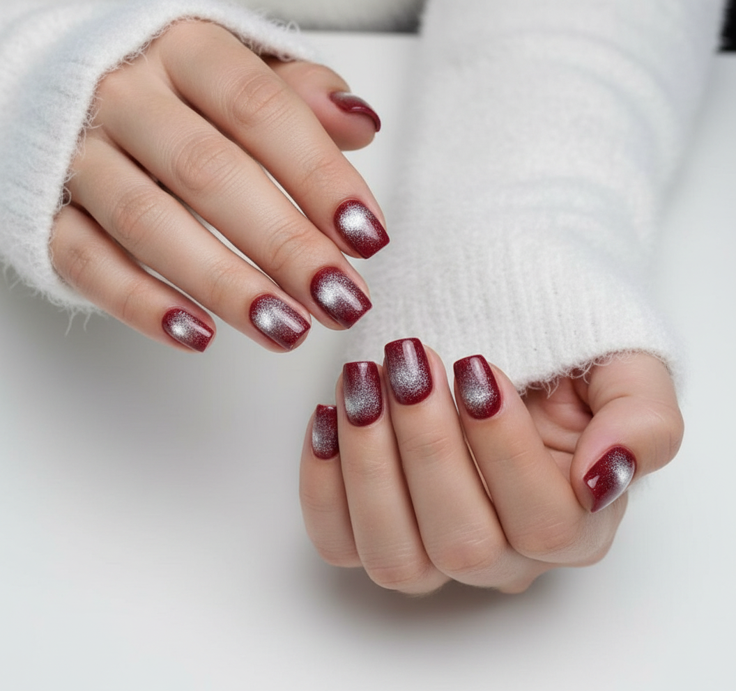 Close-up of hands with red holografic cat eye amor clawture press on nails and silver glitter on a white background