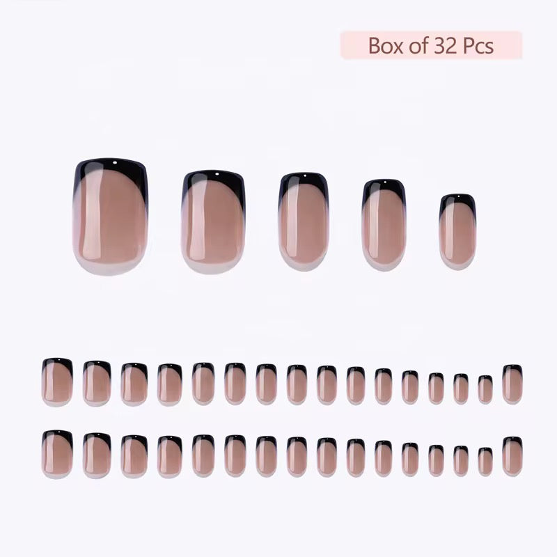 Display Set of 32 nude and black black edge clawture press on nails on a white background