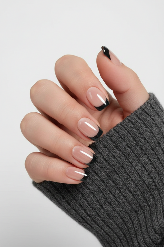 Hand with nude and black french tip black edge clawture press on nails wearing a gray textured sleeve on a light gray background
