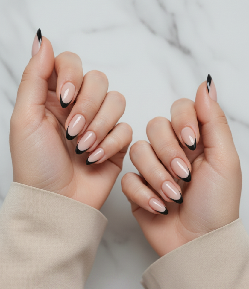 Close-up of hands with black swan clawture press on false nails beige nail polish and black tips on a neutral background