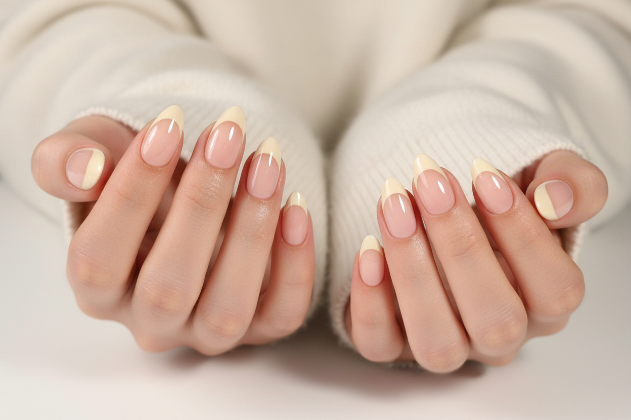 Hands with clawture buttercream french press on nails