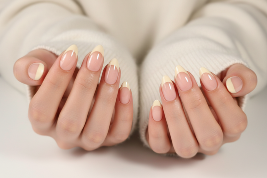 Hands with clawture buttercream french press on nails