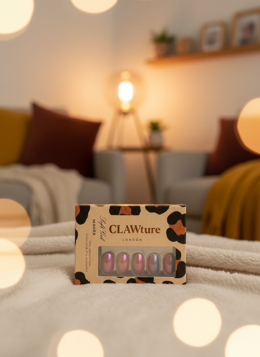 Box of CLAWture chroma press on nails set on a blurred background of a cozy living room.