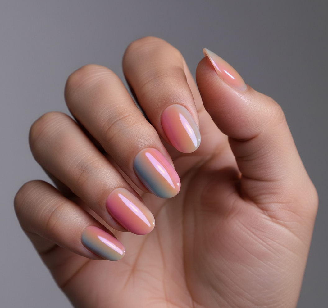 Hand with pastel multicolor chroma clawture press on nails on a neutral background