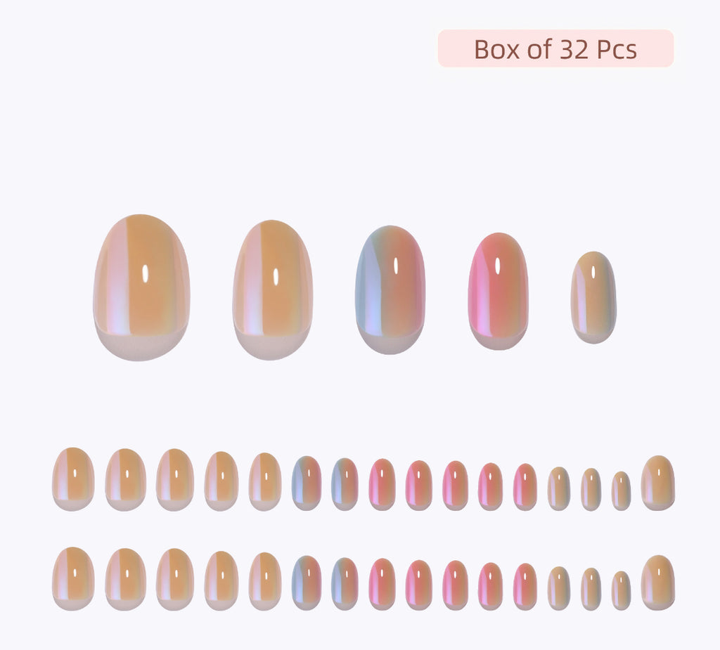 Set of 32 chroma clawture press on nails with a gradient design on a white background.