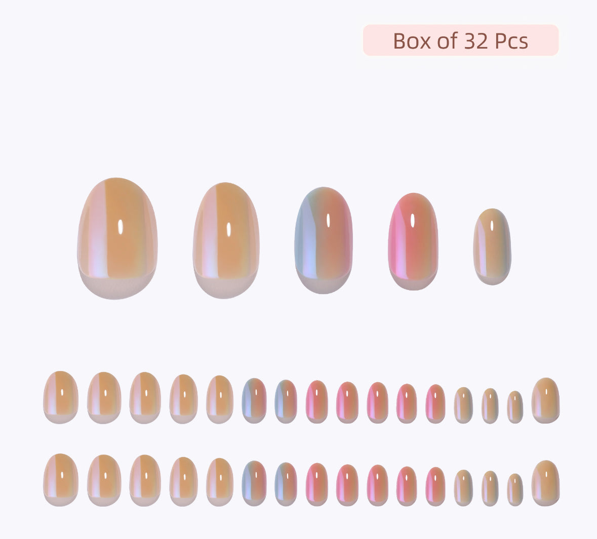 Set of 32 chroma clawture press on nails with a gradient design on a white background.
