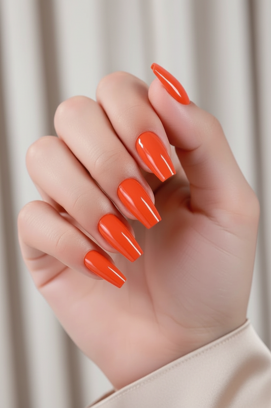 Hand with bright orange clawrange clawture press on false nails on a neutral background