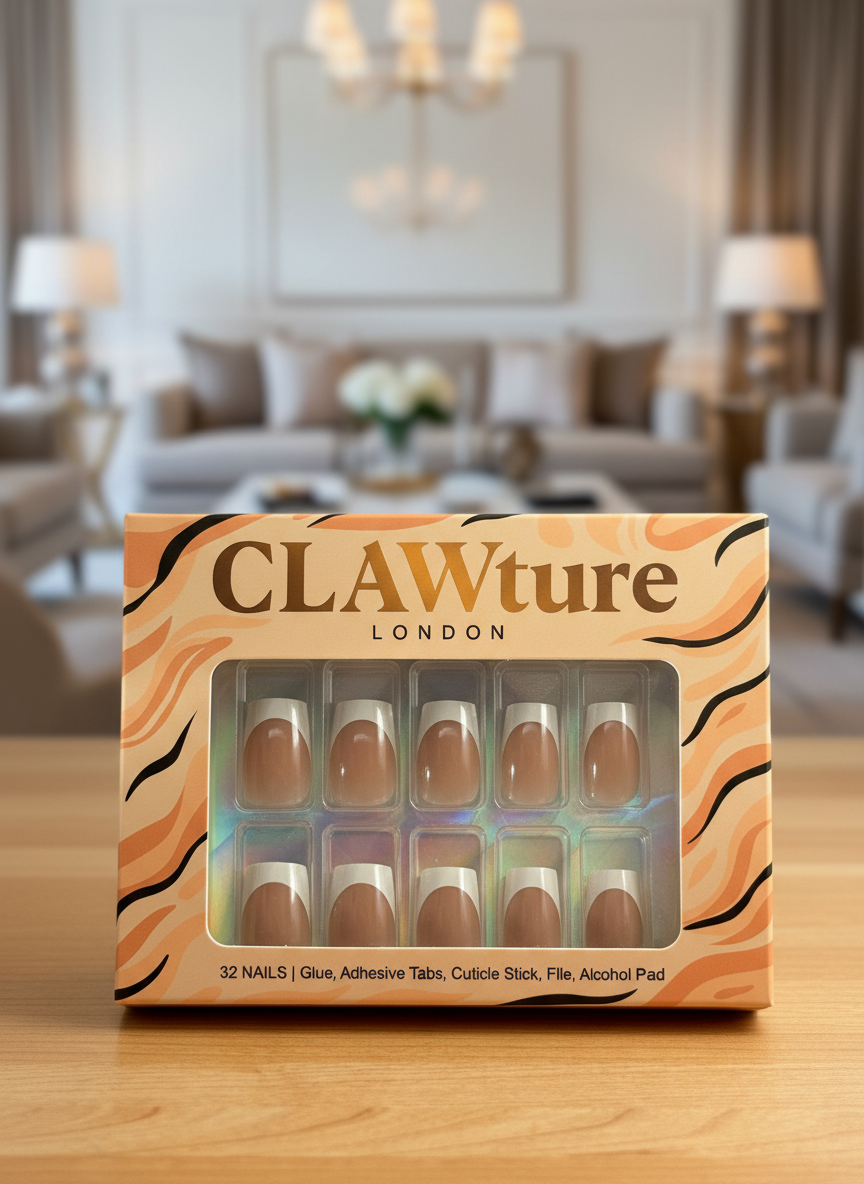 Box of CLAWture London clawssic clawture press on nails false nails on a wooden surface with a blurred living room background