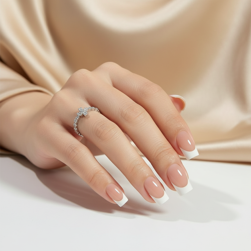 Hand with clawssic clawture press on nails wearing a ring with a diamond on a beige fabric background