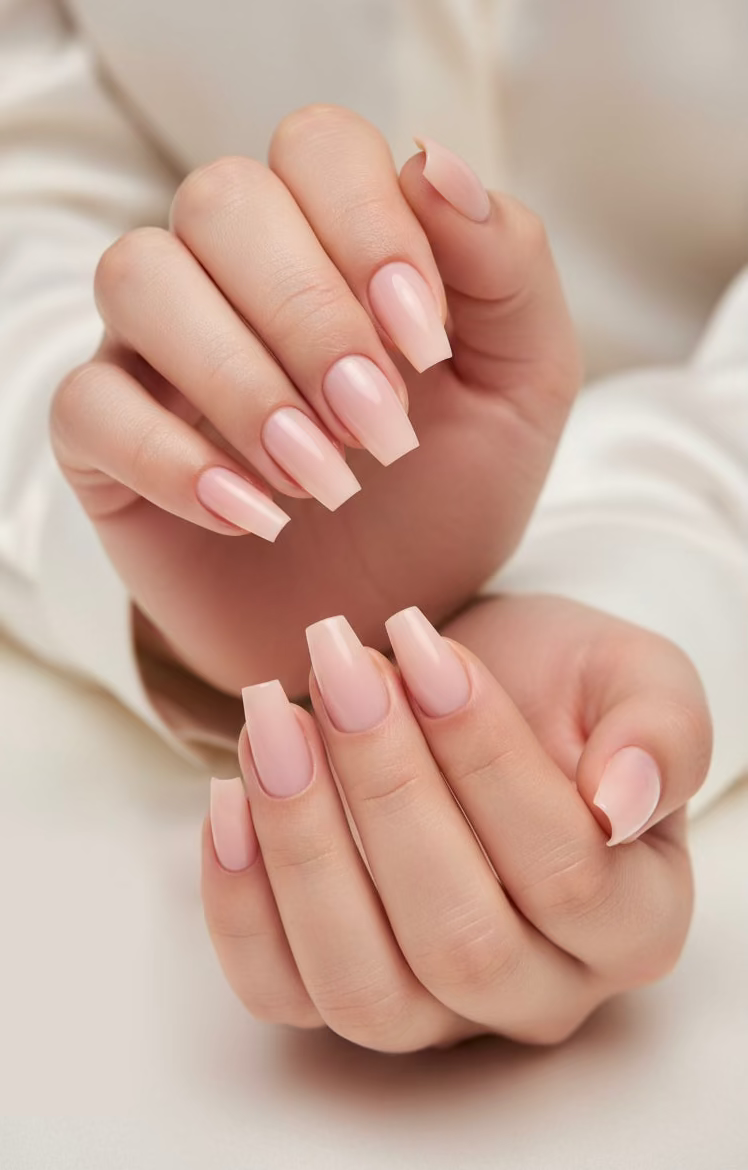 Close-up of hands with pink clawture cashmere false press on nails coffin ballerin shape on a neutral background