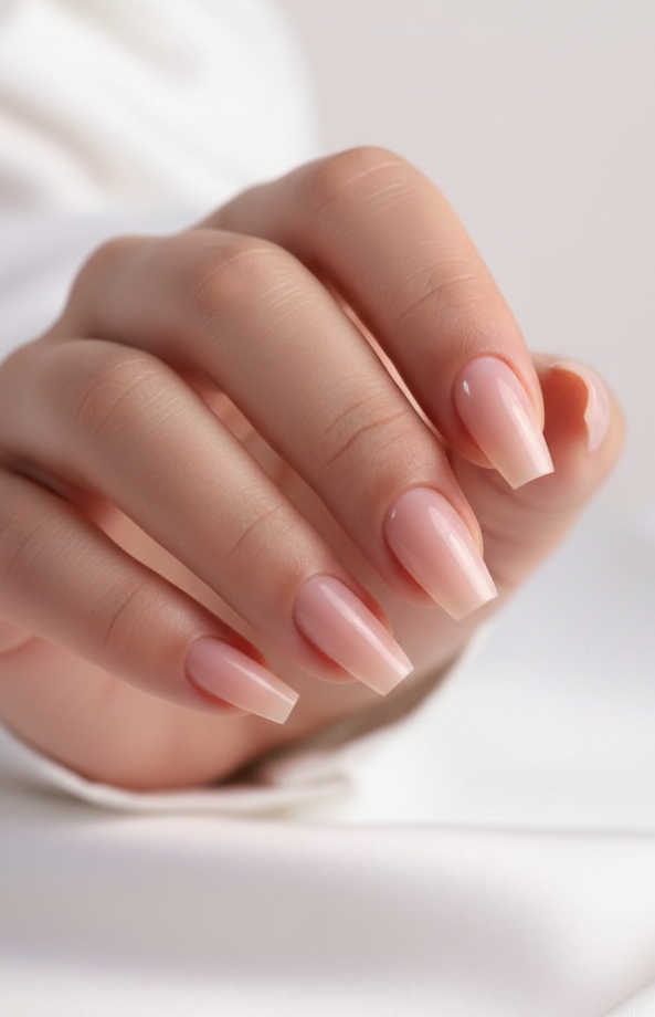 Close-up of a hand with pink clawture cashmere false press on nails coffin ballerina shape on a light background