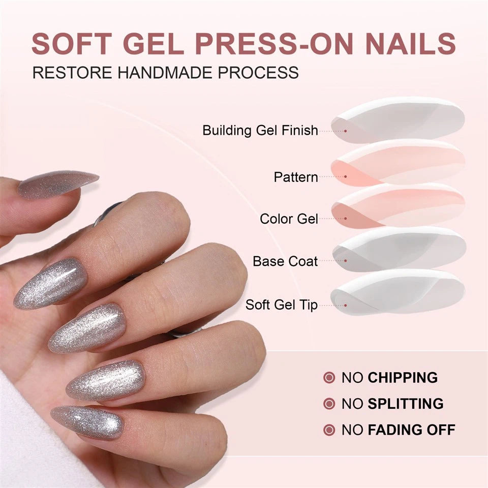 Hand with soft gel press-on nails and a diagram of the materials on a pink background. clawture cloud dust press on nails 