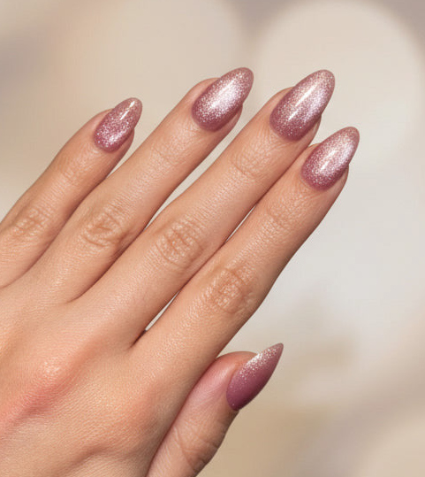 Hand with pink glittery cat eye clawture cotton candy press on nails against a neutral background