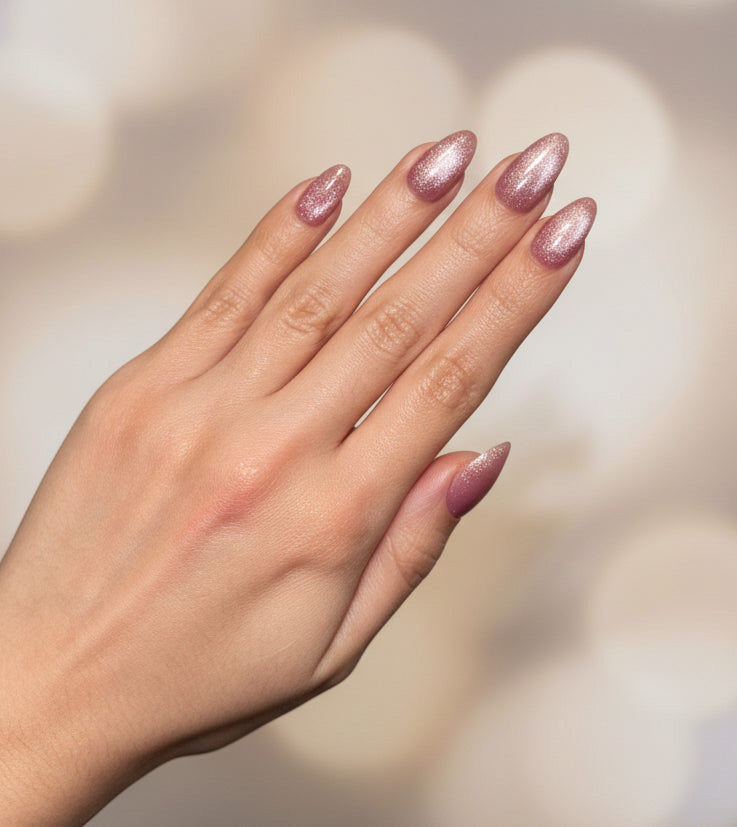 Hand with glittery pink cat eye clawture cotton candy press on nails against a blurred background