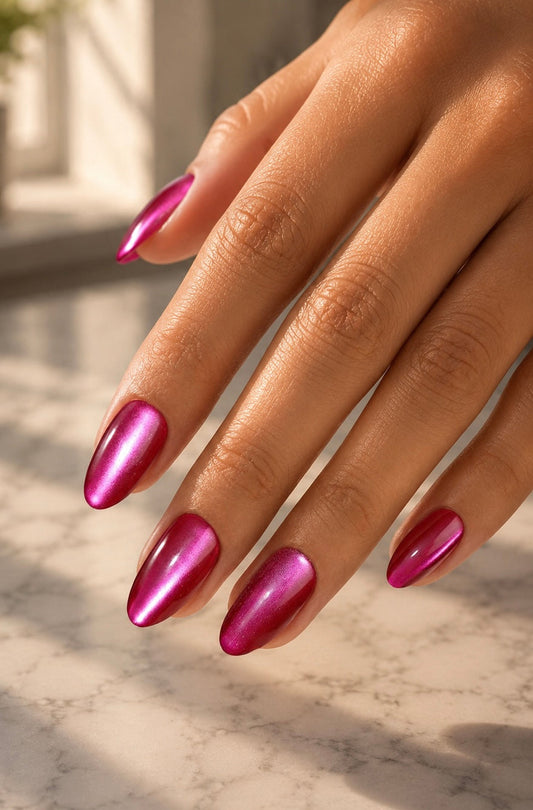 Hand with pink fiesta fucsia clawture press on false nails on a marble surface