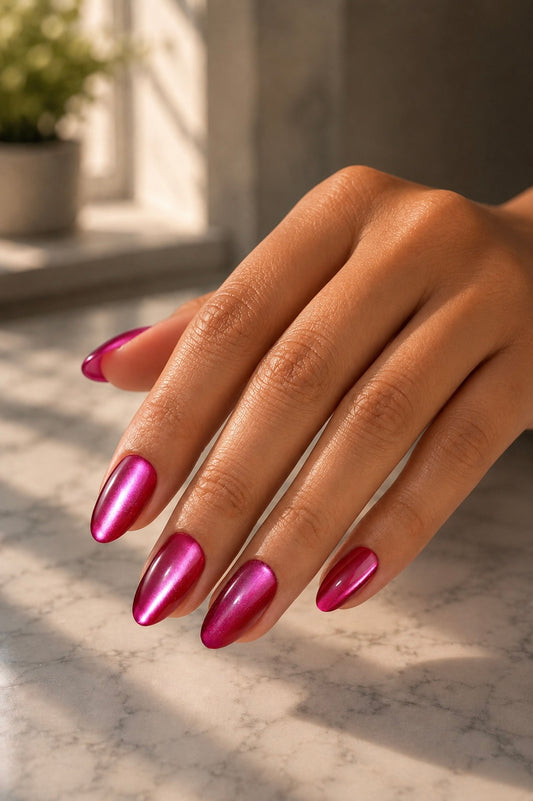 Hand with pink fiesta fucsia clawture press on false nails on a marble surface