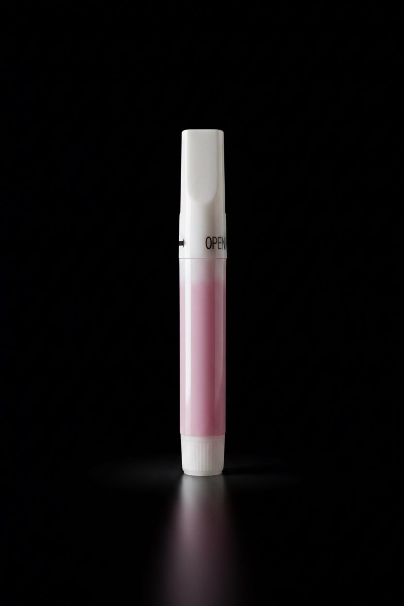 Small pink and white clawture glue tube on a textured gray surface