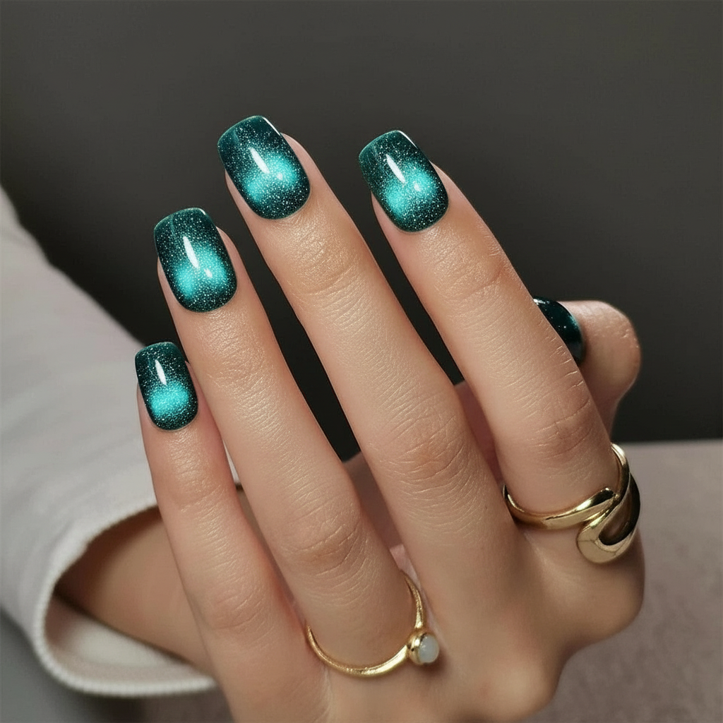 Hand with teal glittery cat eye nail magnetiq clawture press on nails wearing gold rings on a dark background