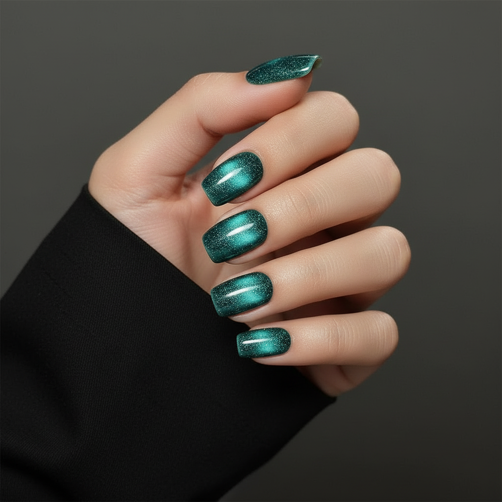 Hand with green holografic cat eye clawture magnetiq press on nails on a dark background