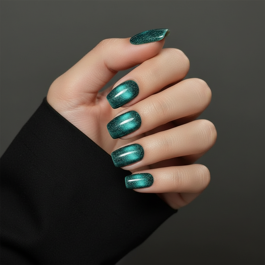 Hand with green holografic cat eye clawture magnetiq press on nails on a dark background