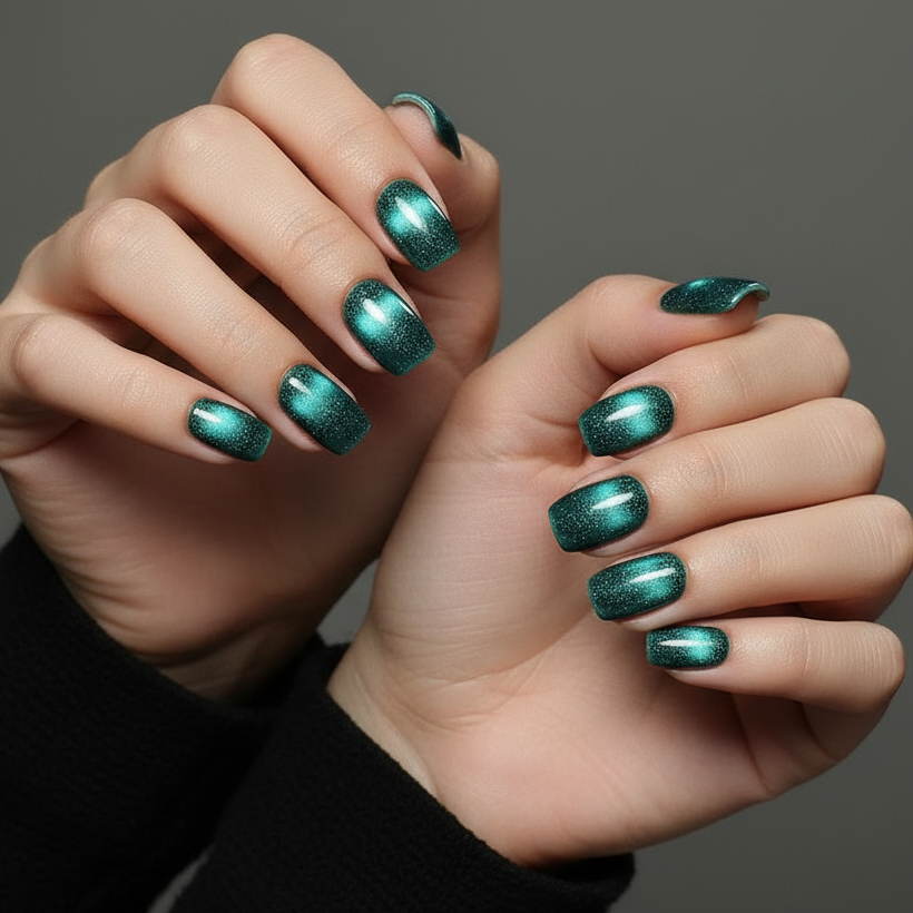 Close-up of hands with teal glittery holografic cat eye clawture magnetiq press on nails on a dark background
