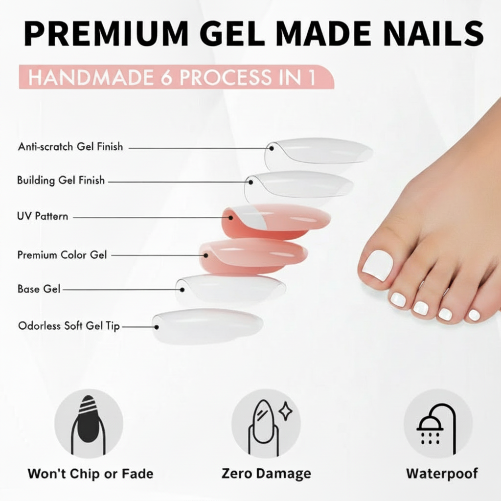Diagram of premium gel made nails with labeled components and a foot with clawture porcelain press on nails toes 