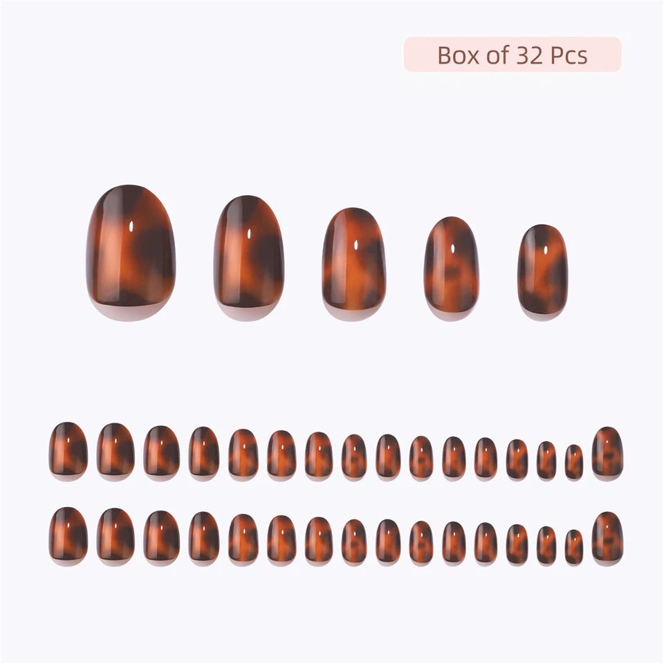 Set of brown clawture spirit animal press on nails on a white background with 'Box of 32 Pcs' text.