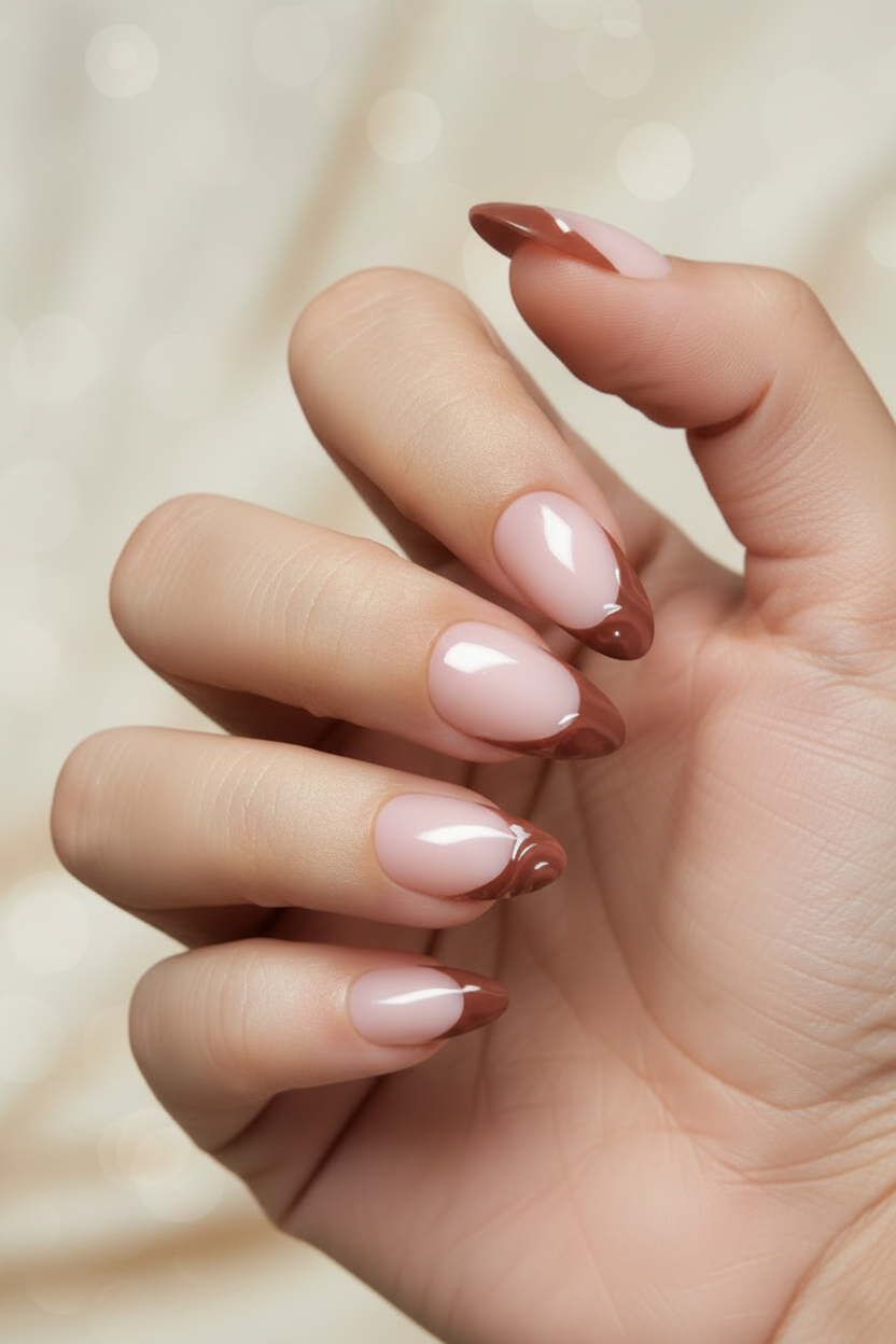 Close-up of a hand with clawture terracotta false press on nails on a neutral background