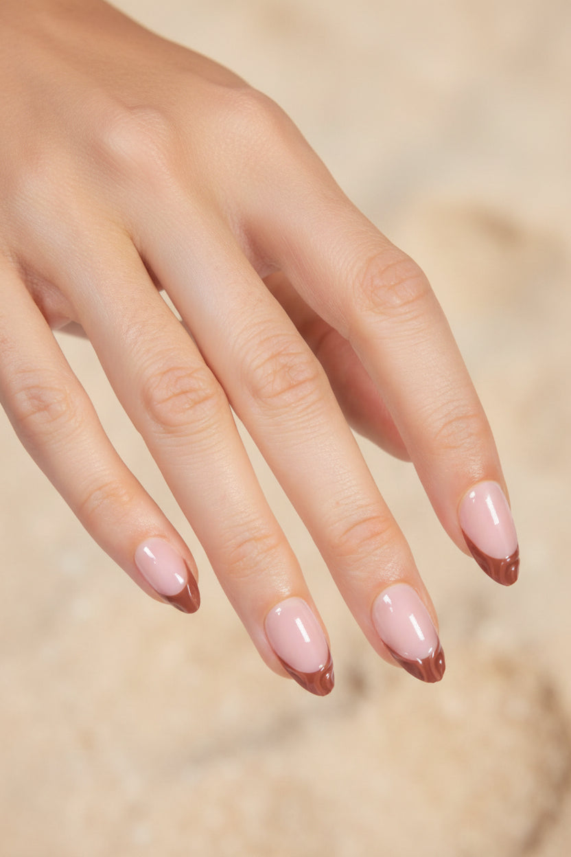 Hand with pink and brown clawture terracotta false press on nails on a white background
