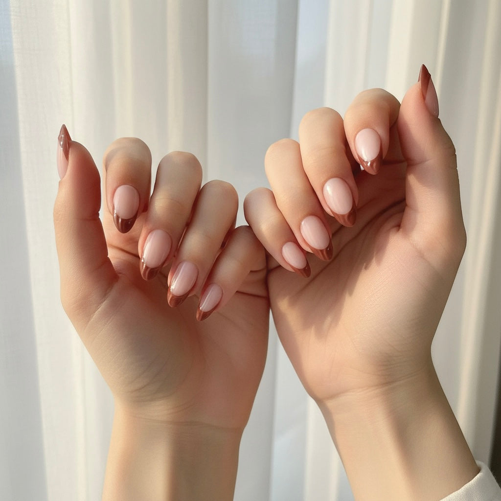 Close-up of two hands with brown french tip and pink clawture terracotta false press on nails against a white curtain background