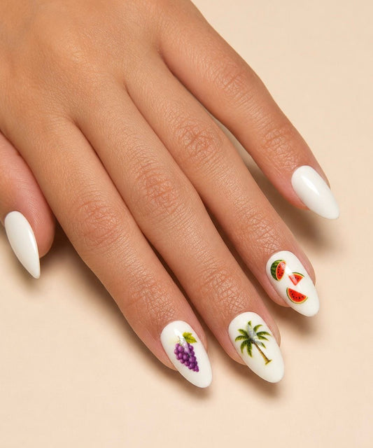 Hand with white clawture tropic mix featuring tropical-themed designs on a beige background