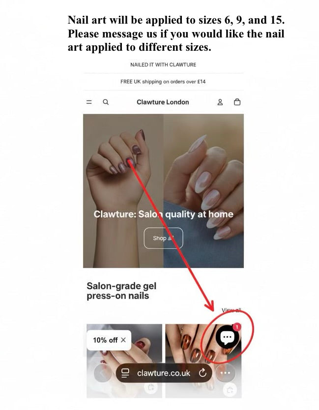 Clawture nail art product page with promotional text and images of hands with nails.