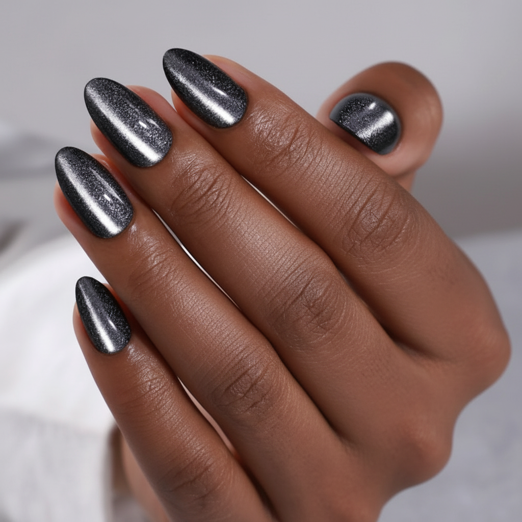 Hand with metallic silver cat eye effect dark desire clawture press on nails on a neutral background