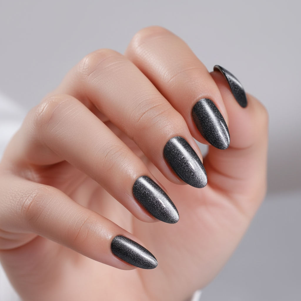 Hand with black glittery cat eye dark desire clawture press on nails on a neutral background