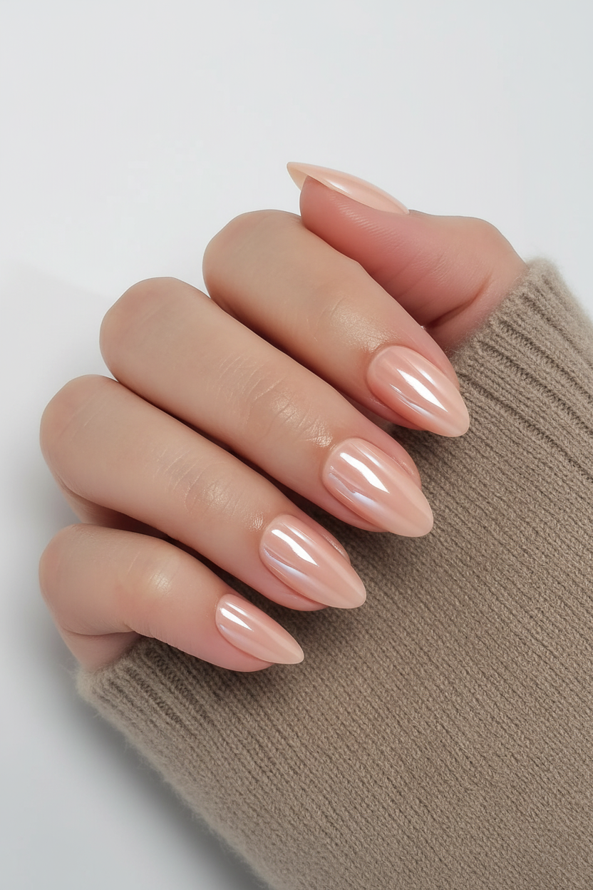 Hand with beige nail polish wearing a brown sleeve on a light gray background dreamy princess clawture press on nails