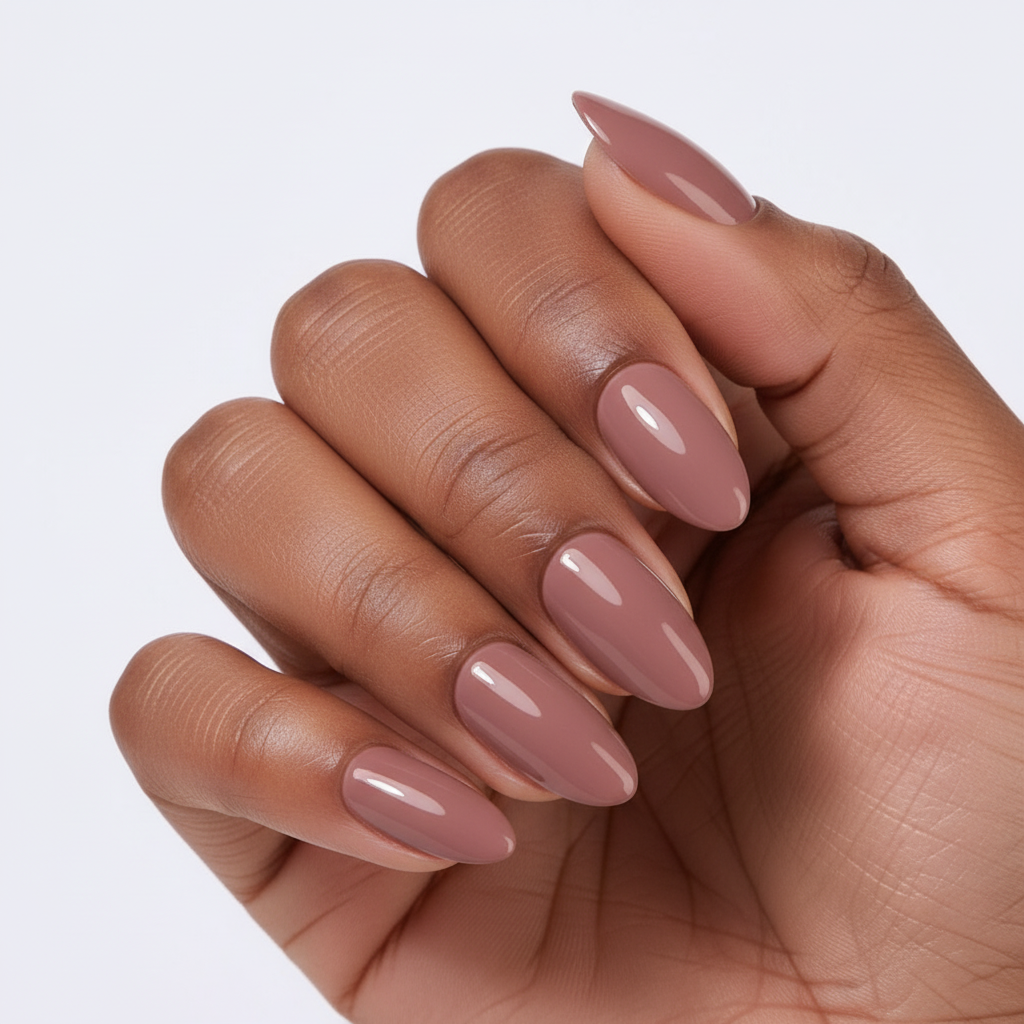 Hand with dark pink nails on a white background dusty rose clawture press on nails