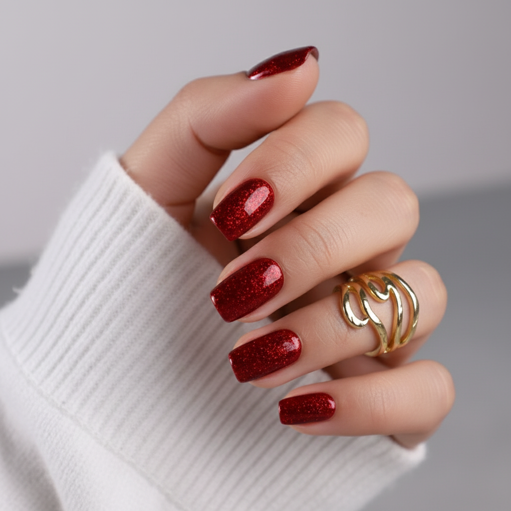 Hand with red glittery fire kiss press on nails wearing a white sleeve and gold rings on a neutral background