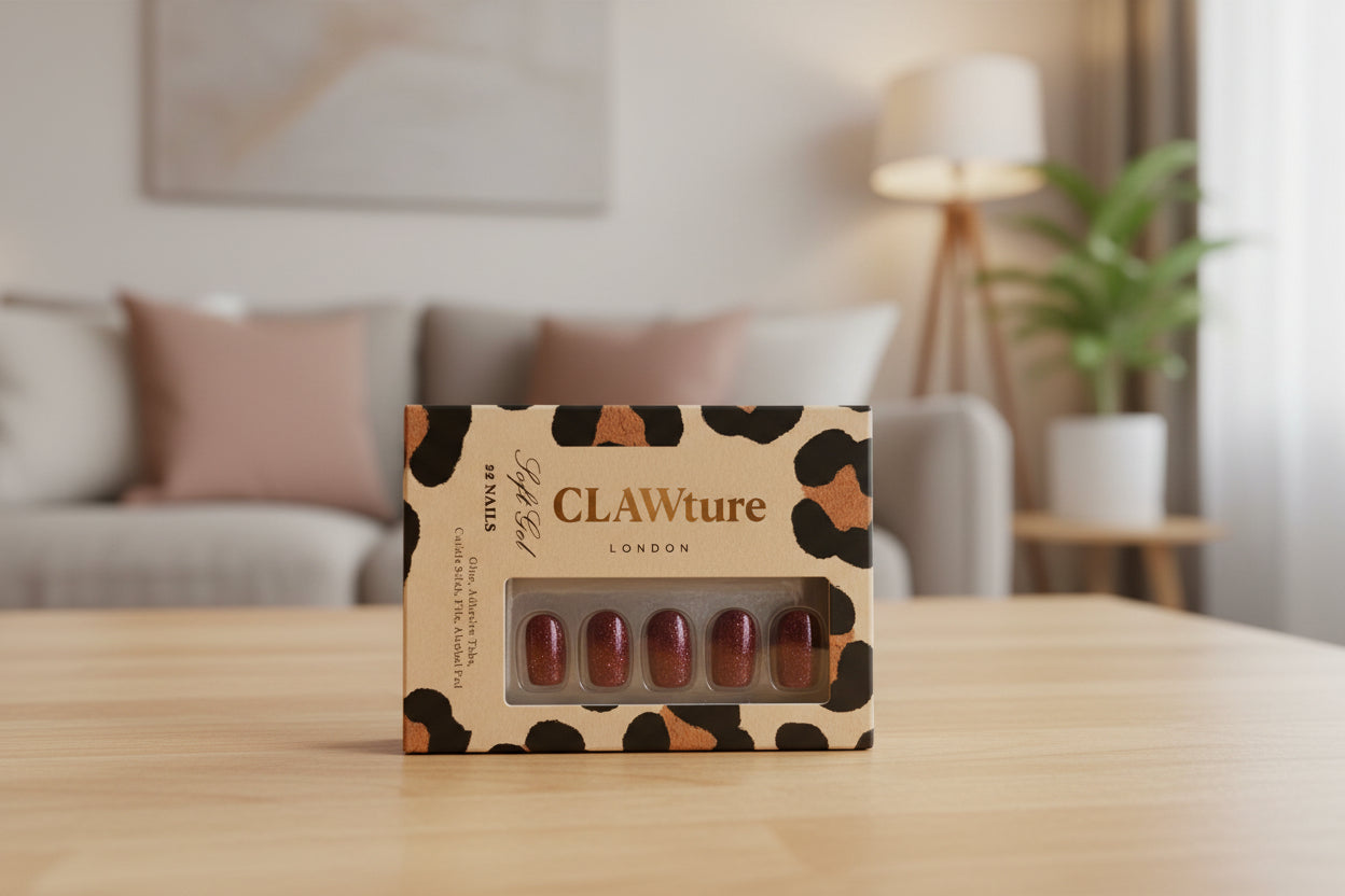 Box of CLAWture nail polish on a table with a blurred living room background
