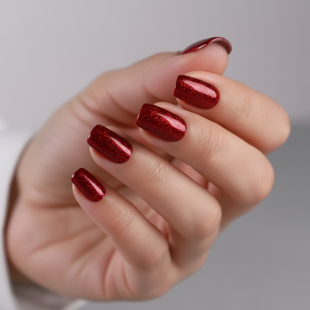 Hand with red glittery fire kiss clawture press on nails  on a neutral background