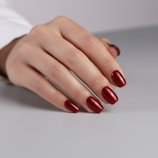 Hand with red fire kiss clawture press on nails on a neutral background